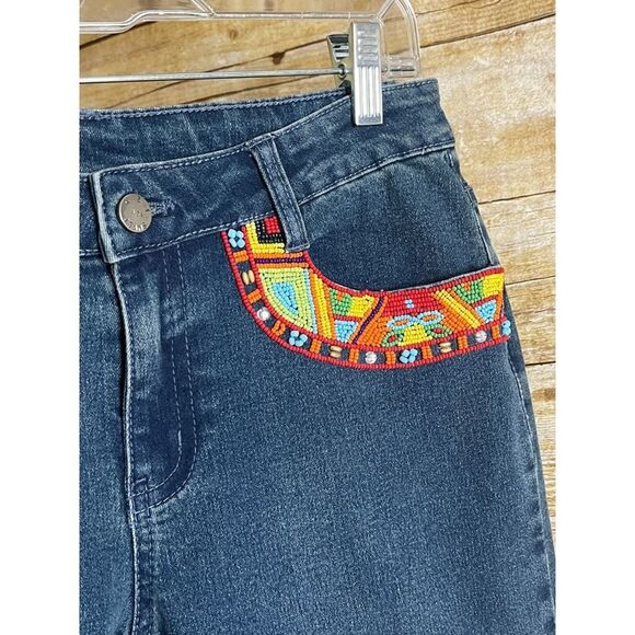 A.Z.I NWT ARTSIE BRIGHT BEADED COLORFUL RAW HEM WIDE LEG BOUTIQUE CAPRI JEANS - Picture 4 of 6